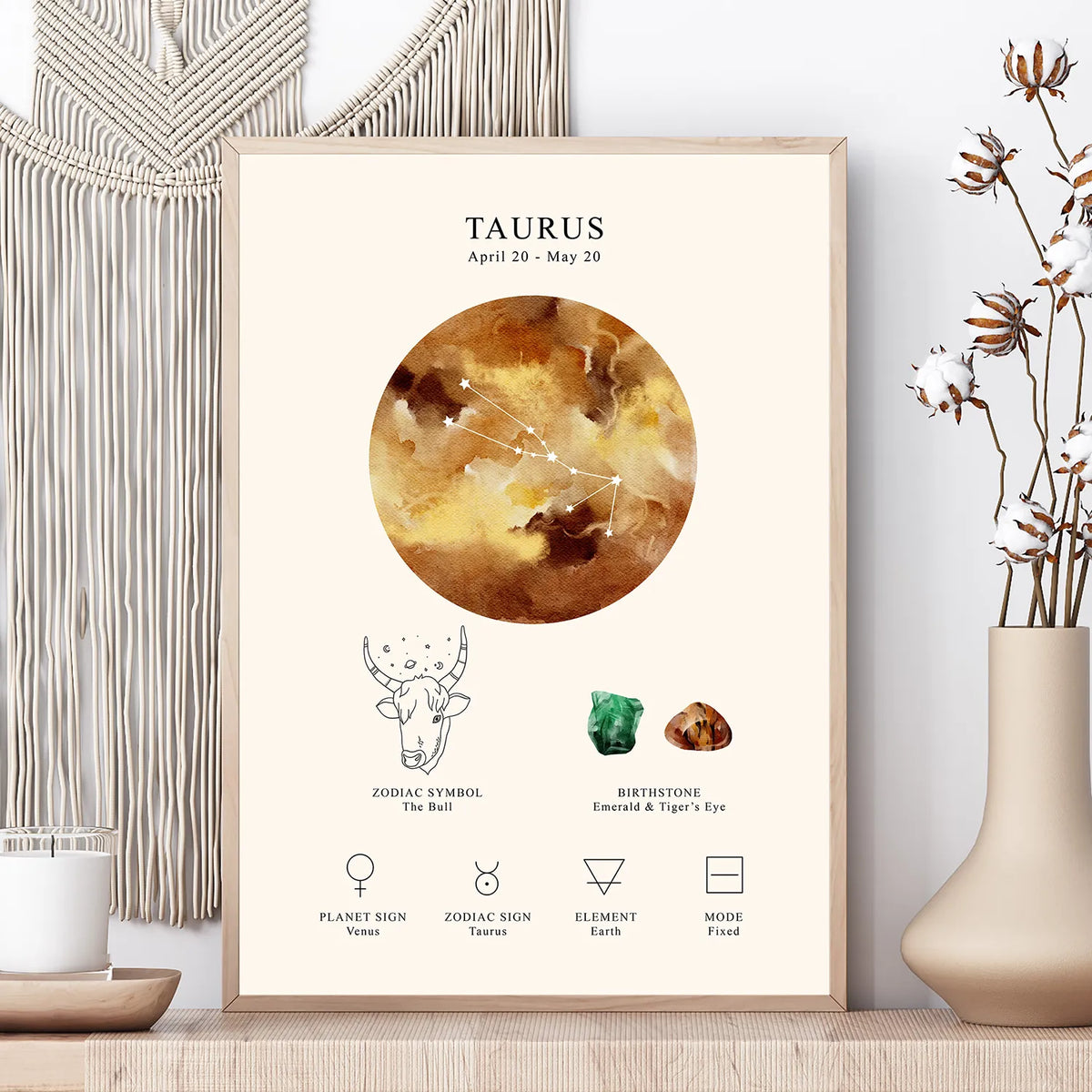 A framed Taurus zodiac sign art print displayed on a tabletop, surrounded by home decor including a woven wall hanging, a candle, and a vase with dried flowers. The print features a watercolor bull constellation graphic, zodiac symbol, birthstone, and simple icons with labels.