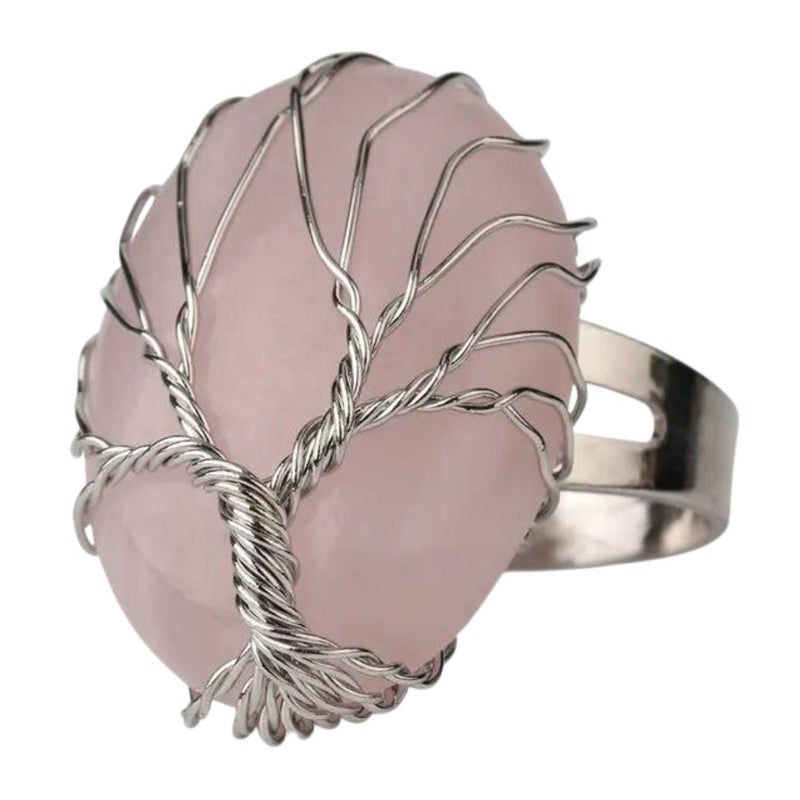 Tree of Life Rings Wrapped in Silver Wire with Rose Quartz, Amethyst, and Black Obsidian