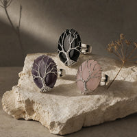 Adjustable Tree of Life Rings with Rose Quartz, Amethyst, and Black Obsidian