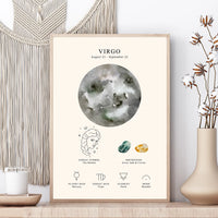 A framed astrology art print featuring a watercolor Virgo moon graphic and zodiac details, styled on a wooden surface with a macrame wall hanging, candle, and dried flowers in a vase.