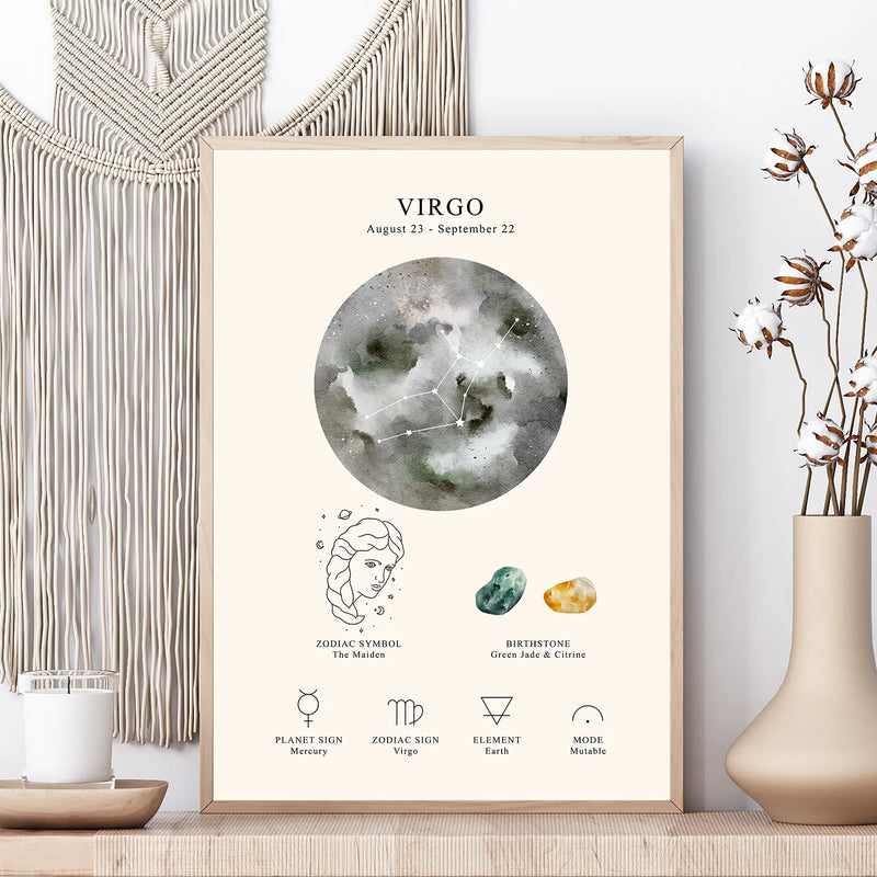 A framed astrology art print featuring a watercolor Virgo moon graphic and zodiac details, styled on a wooden surface with a macrame wall hanging, candle, and dried flowers in a vase.