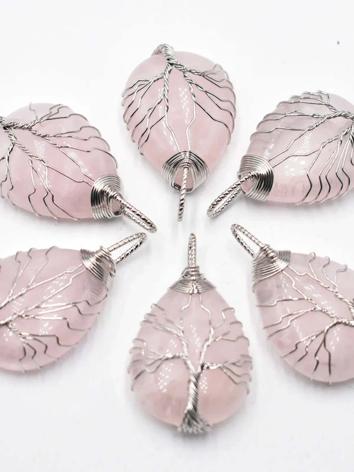 Rose quartz teardrop pendants wrapped with silver wire tree of life design, crystal jewelry