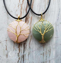 Tree of Life Circle Necklace, Silver Tree of Life Teardrop Necklace, wire wrapped stone, rose quartz, green aventurine, amethyst, necklace