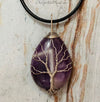 Silver Tree of Life Teardrop Necklace, wire wrapped stone, rose quartz, green aventurine, amethyst, necklace