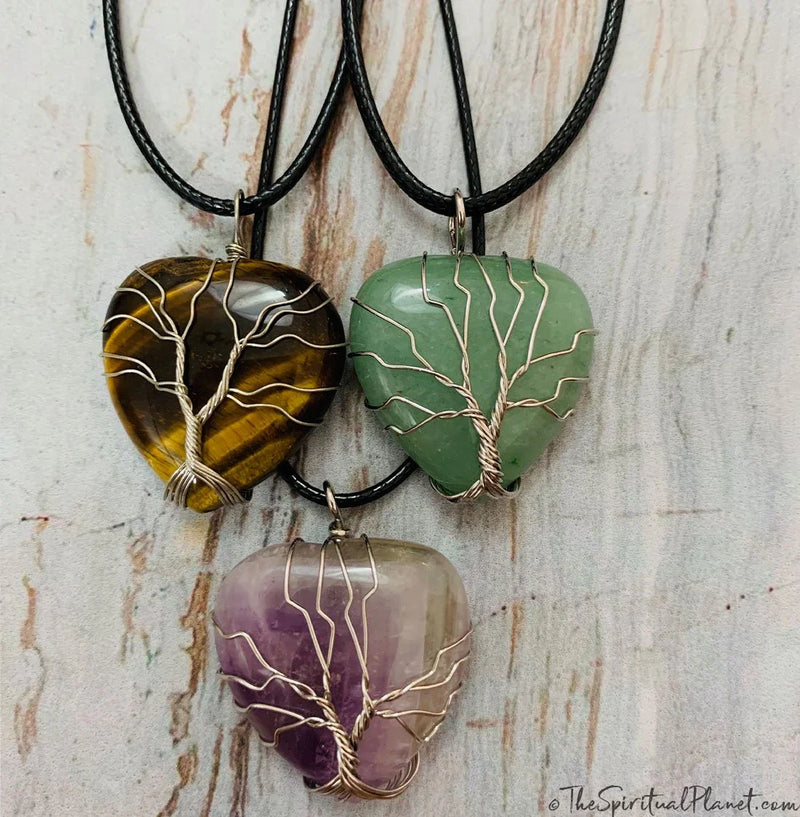 Tree of Life Silver Heart Necklace, tiger eye, Silver Tree of Life Teardrop Necklace, wire wrapped stone, rose quartz, green aventurine, amethyst, necklace