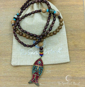 Stone Fish Mala, mala, beaded necklace, beaded bracelet ,  wnge wood mala