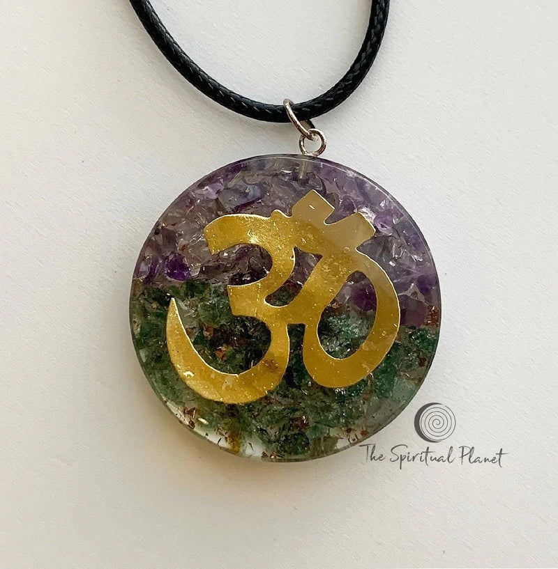 Orgonite Om Necklace Amethyst & Green Aventurine cystal orgone enrgy orgonite pendant orgonite pyramide orgonite shungite orgonite crystal 