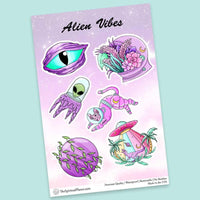 "Alien Vibes" stickers, vinyl sticker, sticker sheets, large stickers, removable stickers, printed in usa