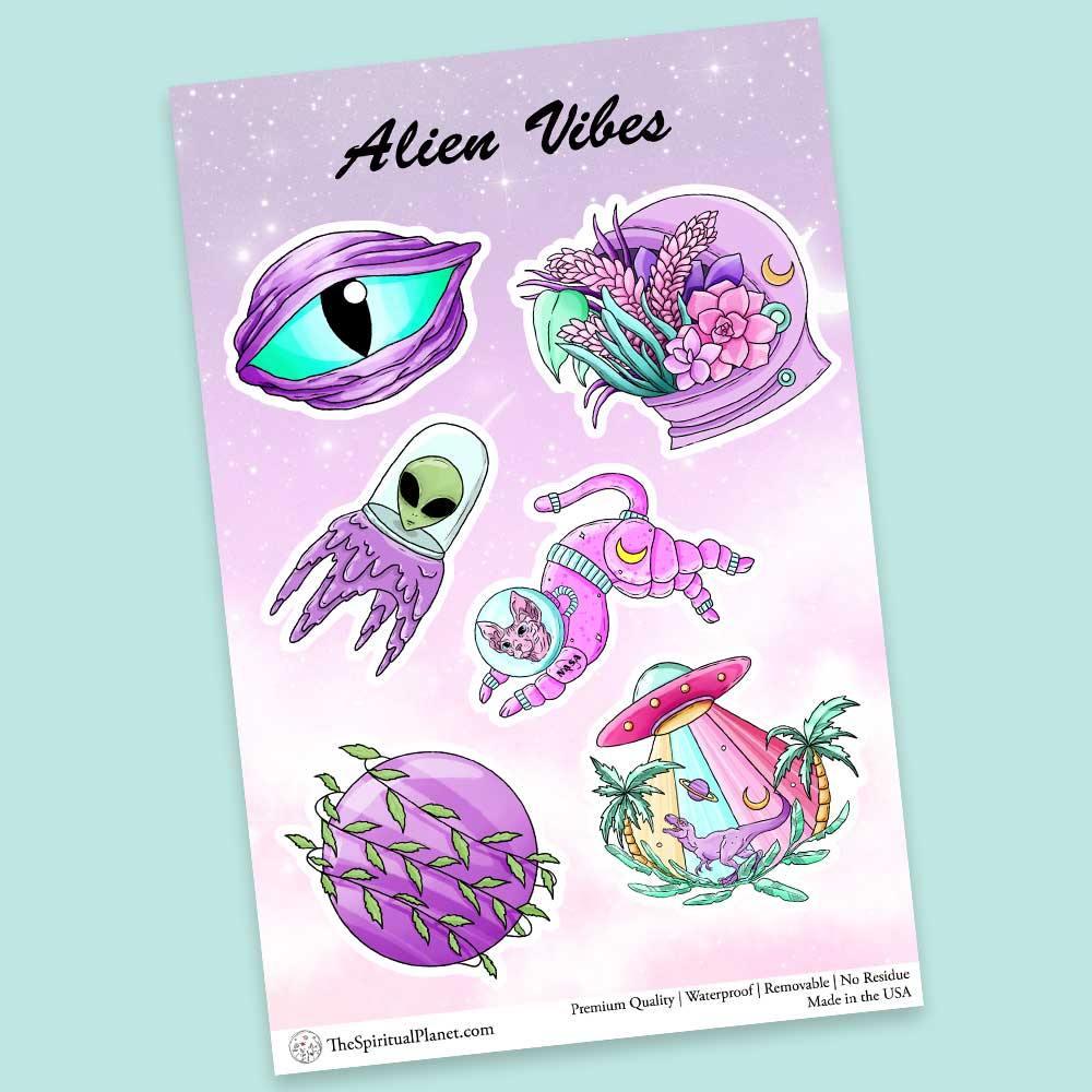 "Alien Vibes" stickers, vinyl sticker, sticker sheets, large stickers, removable stickers, printed in usa