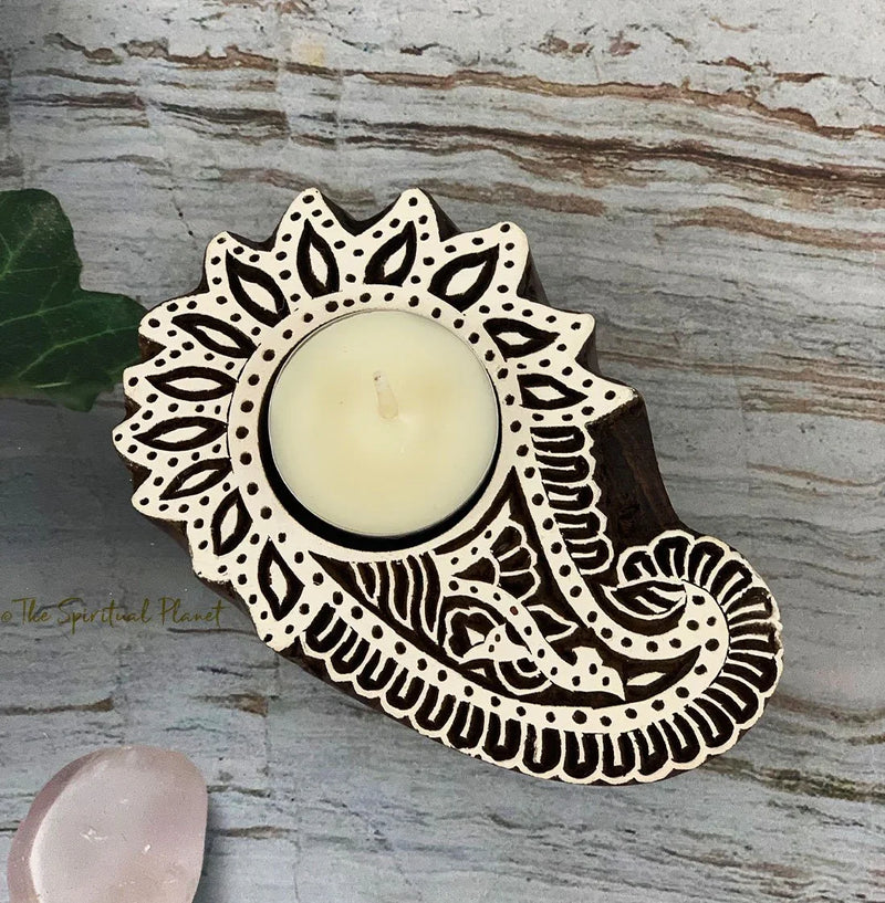 Paisley Hamsa Hand Rosewood Tea Light Holder Candle Fair Trade 