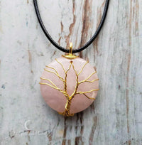 Tree of Life Circle Necklace, Silver Tree of Life Teardrop Necklace, wire wrapped stone, rose quartz, green aventurine, amethyst, necklace