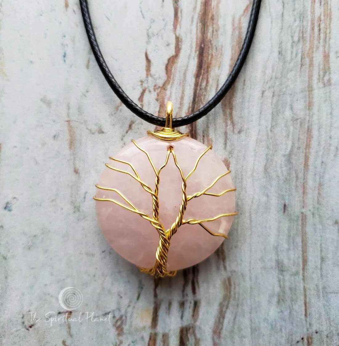 Tree of Life Circle Necklace, Silver Tree of Life Teardrop Necklace, wire wrapped stone, rose quartz, green aventurine, amethyst, necklace