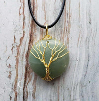 Tree of Life Circle Necklace, Silver Tree of Life Teardrop Necklace, wire wrapped stone, rose quartz, green aventurine, amethyst, necklace