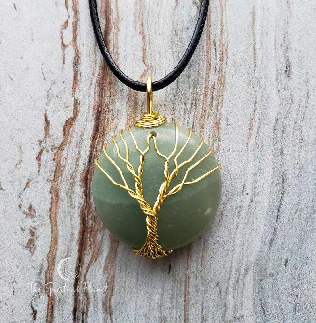 Tree of Life Circle Necklace, Silver Tree of Life Teardrop Necklace, wire wrapped stone, rose quartz, green aventurine, amethyst, necklace