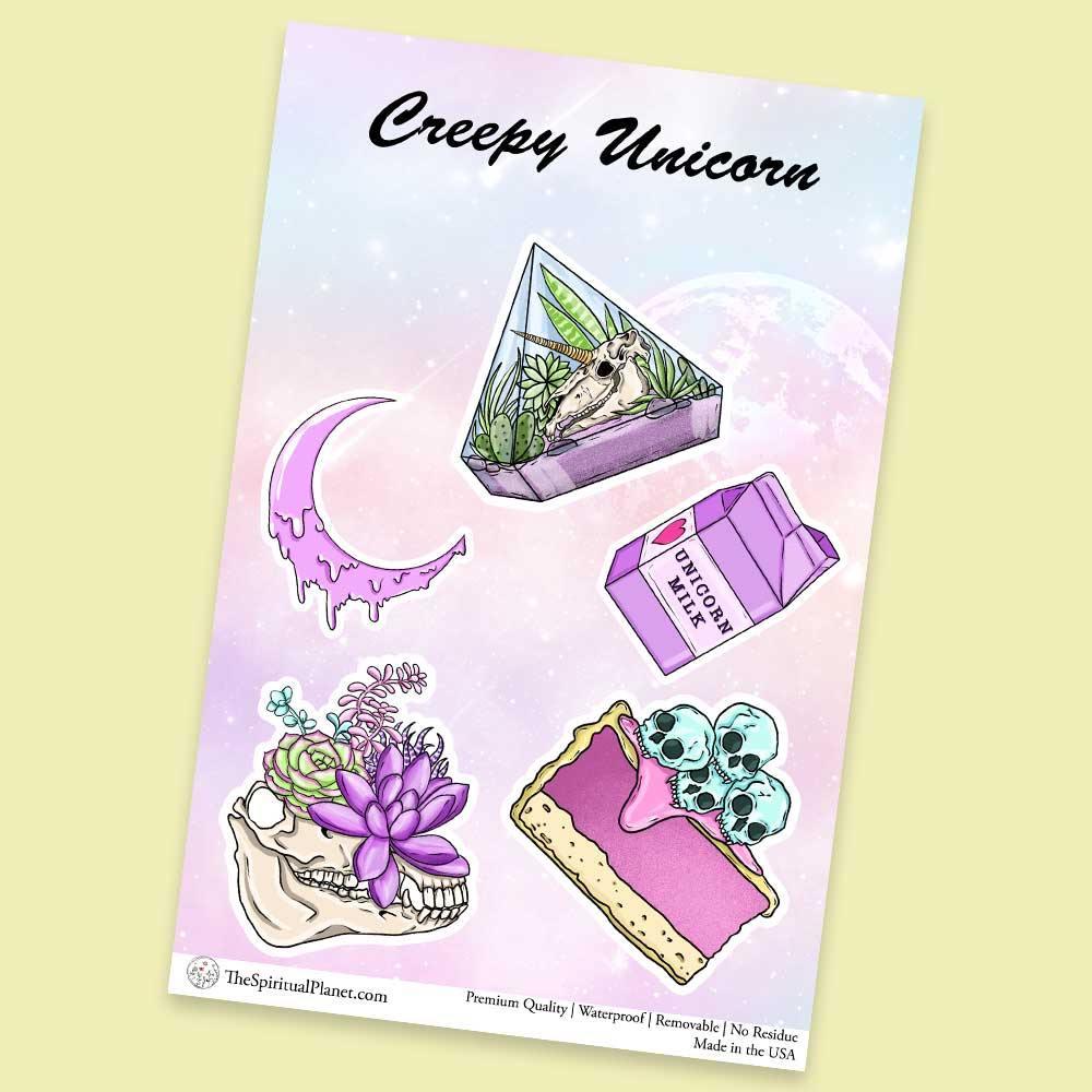 "Creepy Unicorn" stickers, vinyl sticker, sticker sheets, large stickers, removable stickers, printed in usa