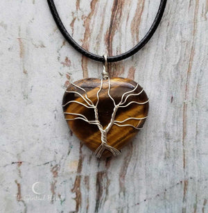 Tree of Life Silver Heart Necklace, tiger eye, Silver Tree of Life Teardrop Necklace, wire wrapped stone, rose quartz, green aventurine, amethyst, necklace