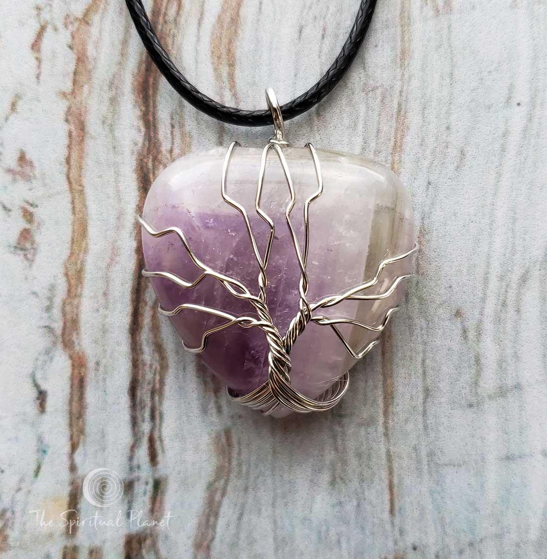 Tree of Life Silver Heart Necklace, tiger eye, Silver Tree of Life Teardrop Necklace, wire wrapped stone, rose quartz, green aventurine, amethyst, necklace