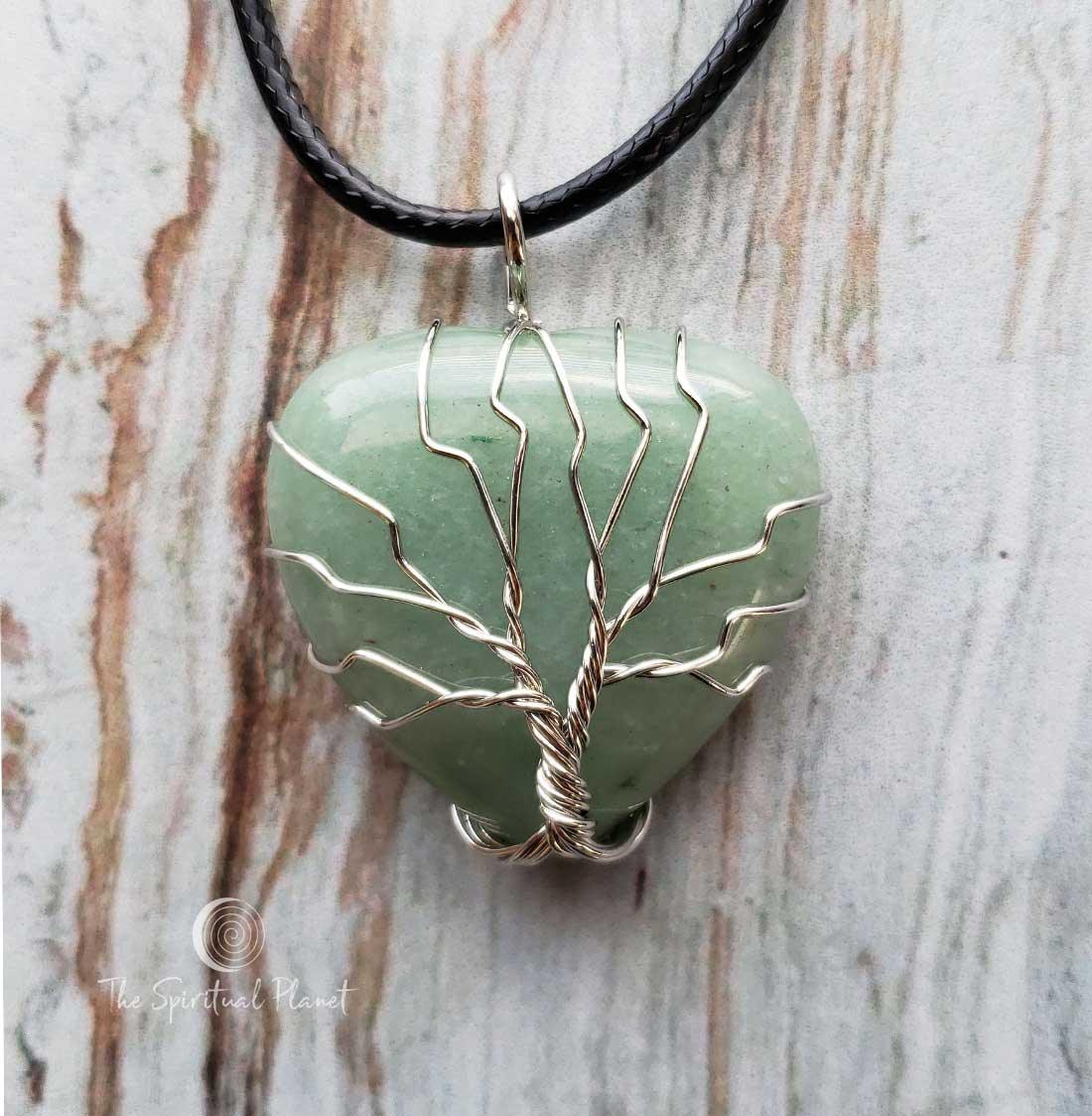 Tree of Life Silver Heart Necklace, tiger eye, Silver Tree of Life Teardrop Necklace, wire wrapped stone, rose quartz, green aventurine, amethyst, necklace