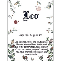 Leo zodiac sign card with July 23 to August 22 dates, floral and planet illustrations, astrology gift