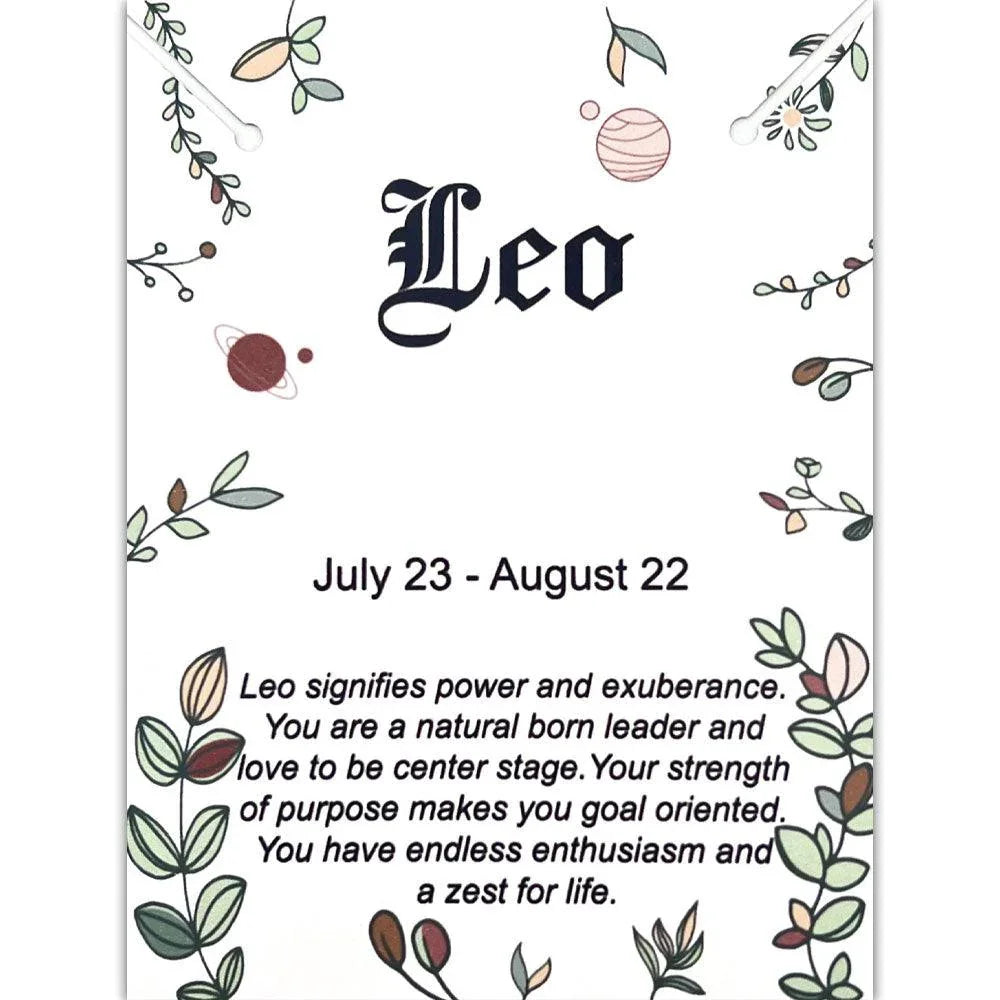 Leo zodiac sign card with July 23 to August 22 dates, floral and planet illustrations, astrology gift