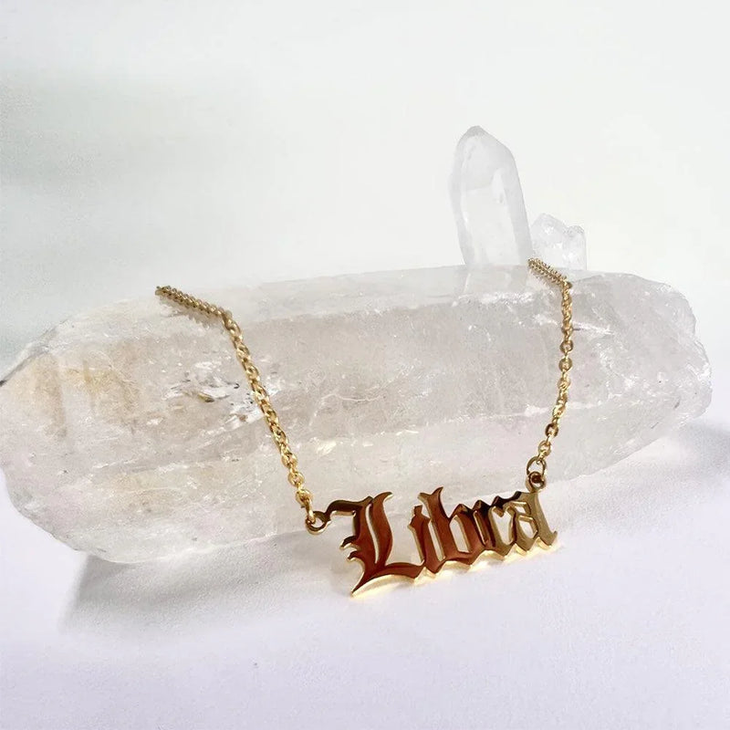 Libra Necklace, Libra Script Necklace, Aries Zodiac Sign Necklace, Zodiac Gift, Aquarius Name Necklace, Libra Old English Necklace, Libra Gifts