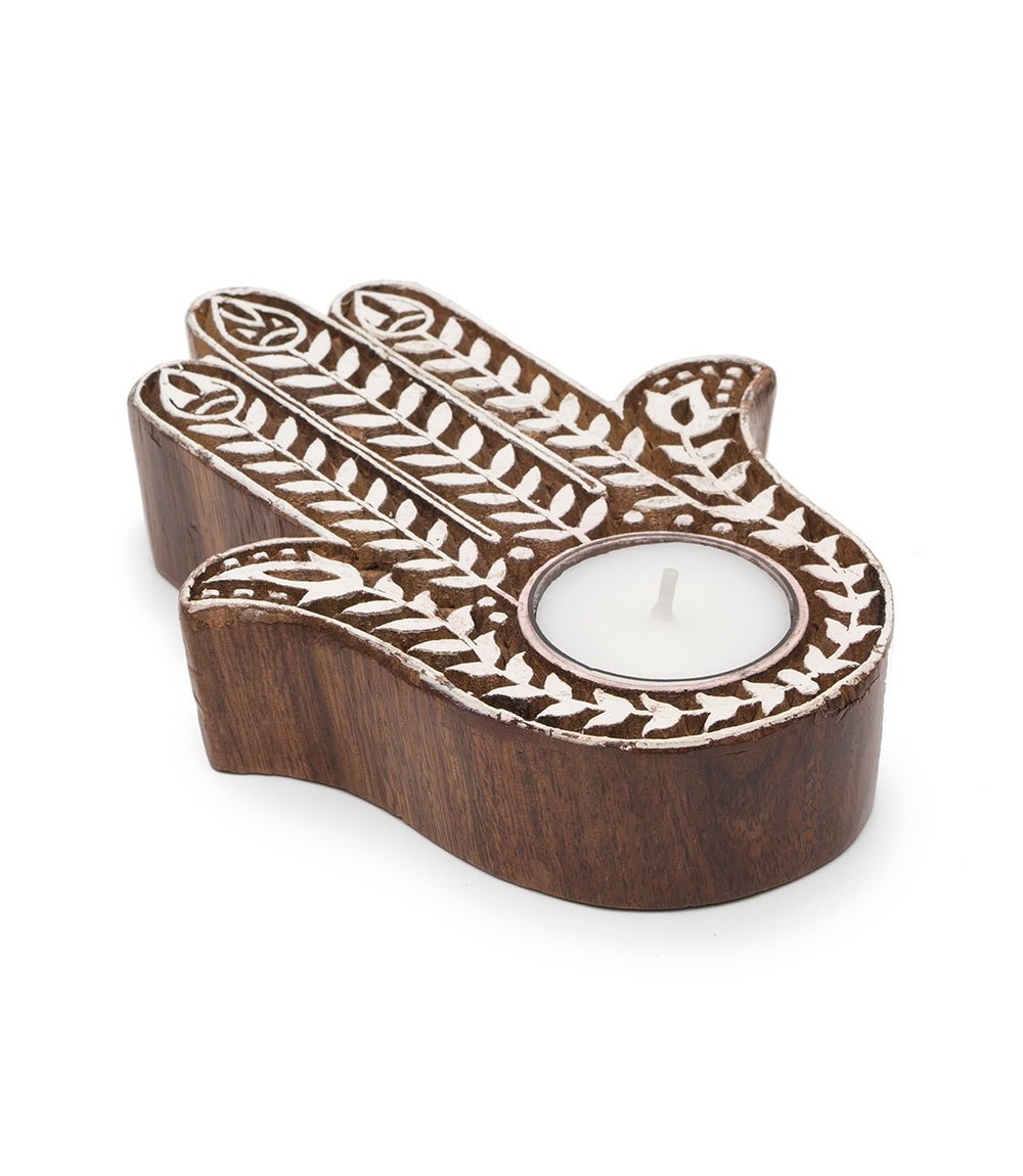 Hamsa Hand Rosewood Tea Light Holder Candle Fair Trade 