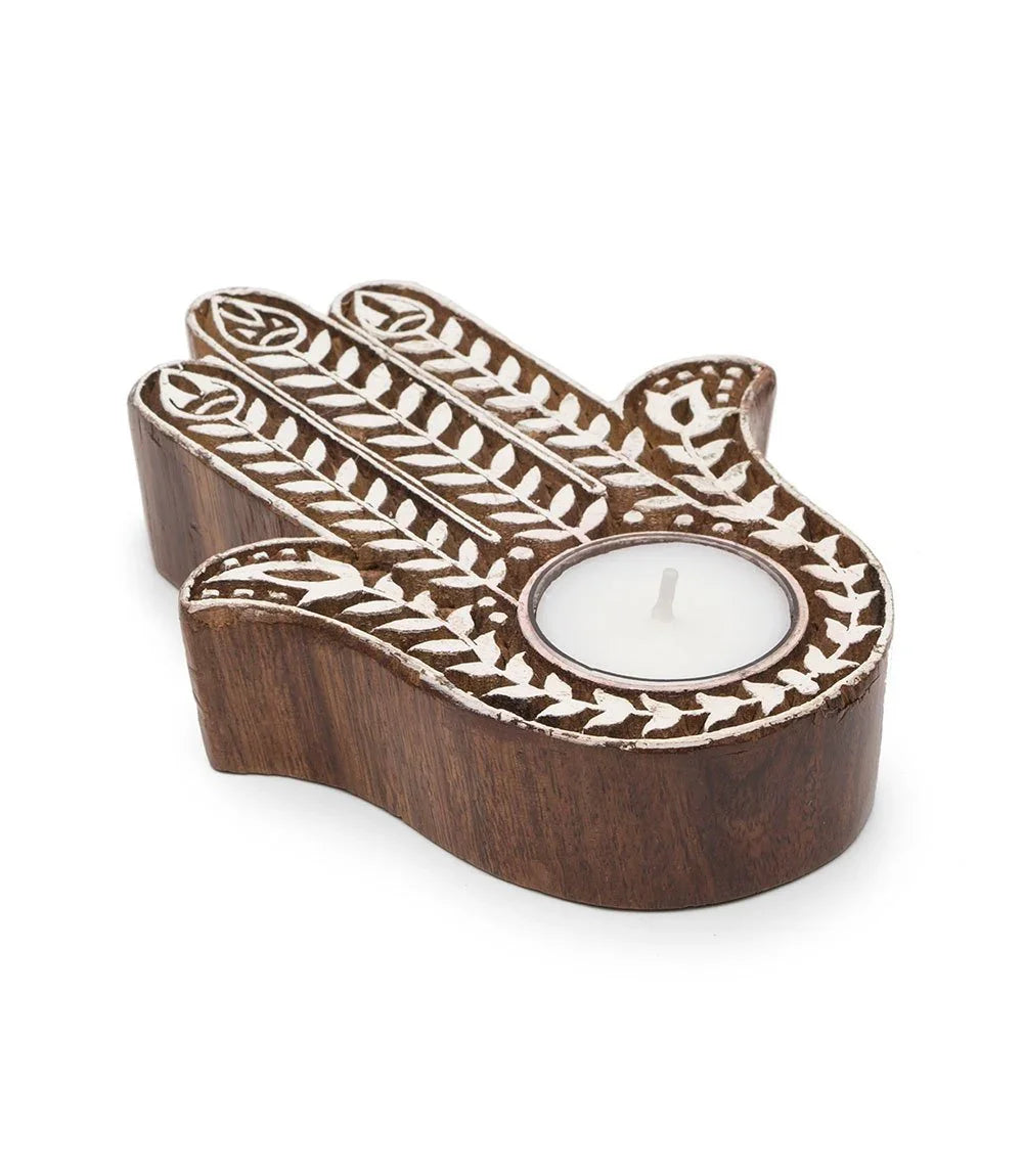 Hamsa Hand Rosewood Tea Light Holder Candle Fair Trade 