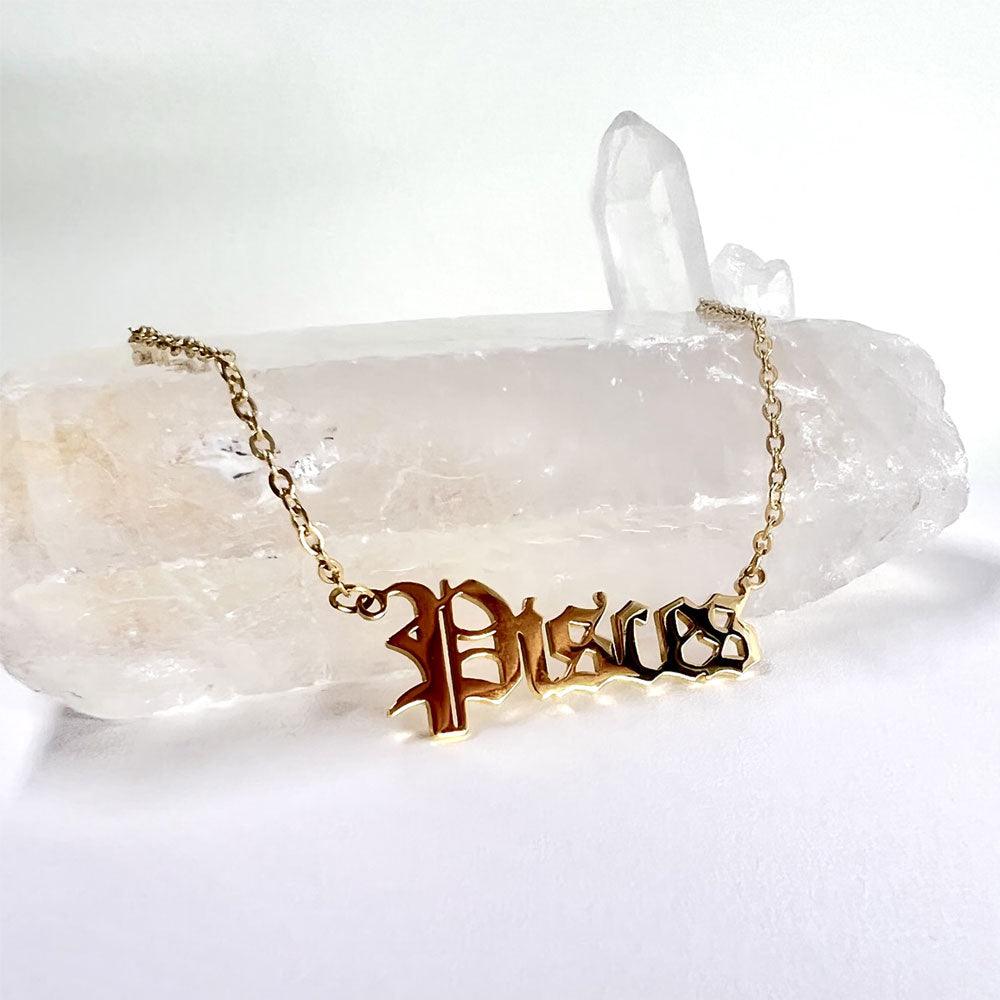 Pisces Necklace, Pisces Script Necklace, Pisces Zodiac Sign Necklace, Zodiac Gift, Pisces  Name Necklace, Pisces Old English Necklace, Pisces Gifts
